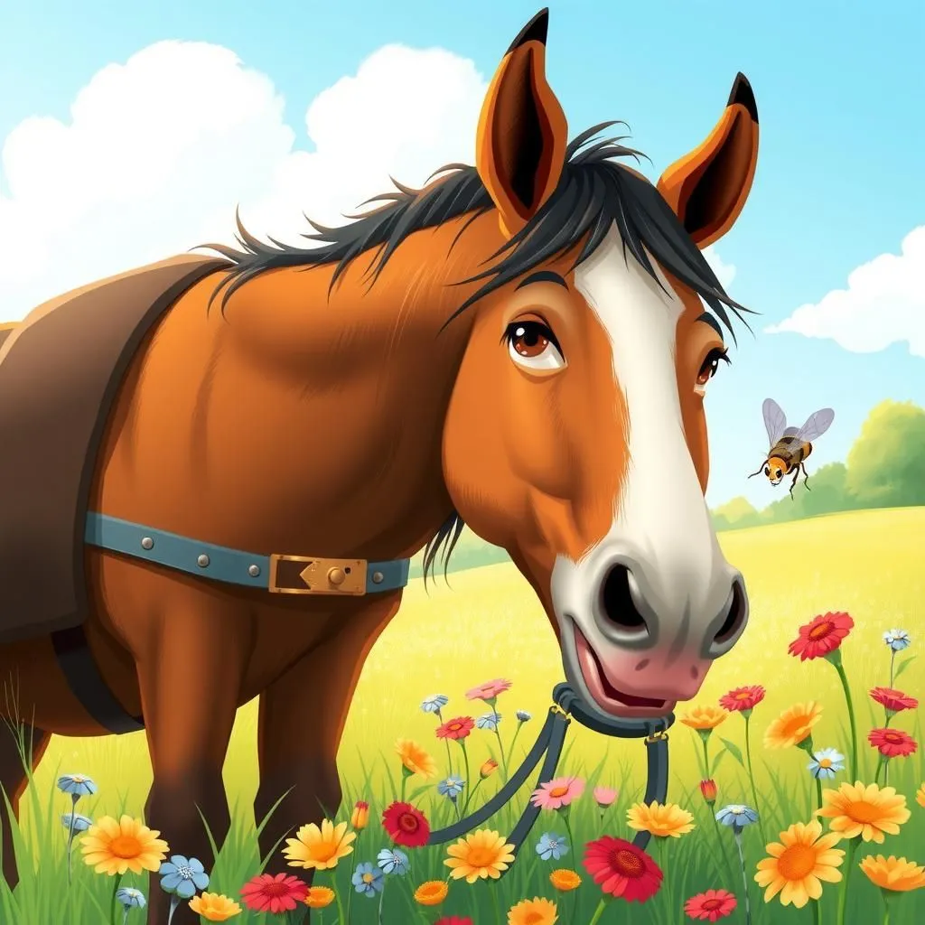 La mosca e il mulo da tiro. - Aesop's Fable illustration featuring Vola and  Mulo da tiro