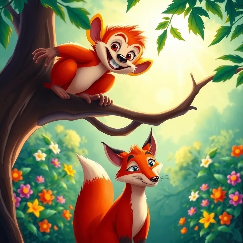 The Fox and the Monkey - Aesop's Fable illustration featuring Fox and  Monkey