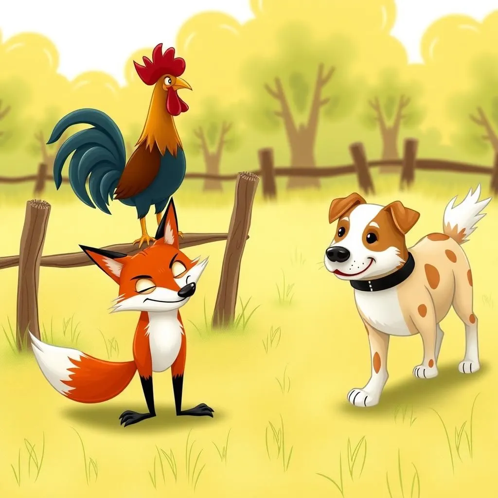 La Volpe, il Gallo e il Cane. - Aesop's Fable illustration featuring Volpe and  Gallo