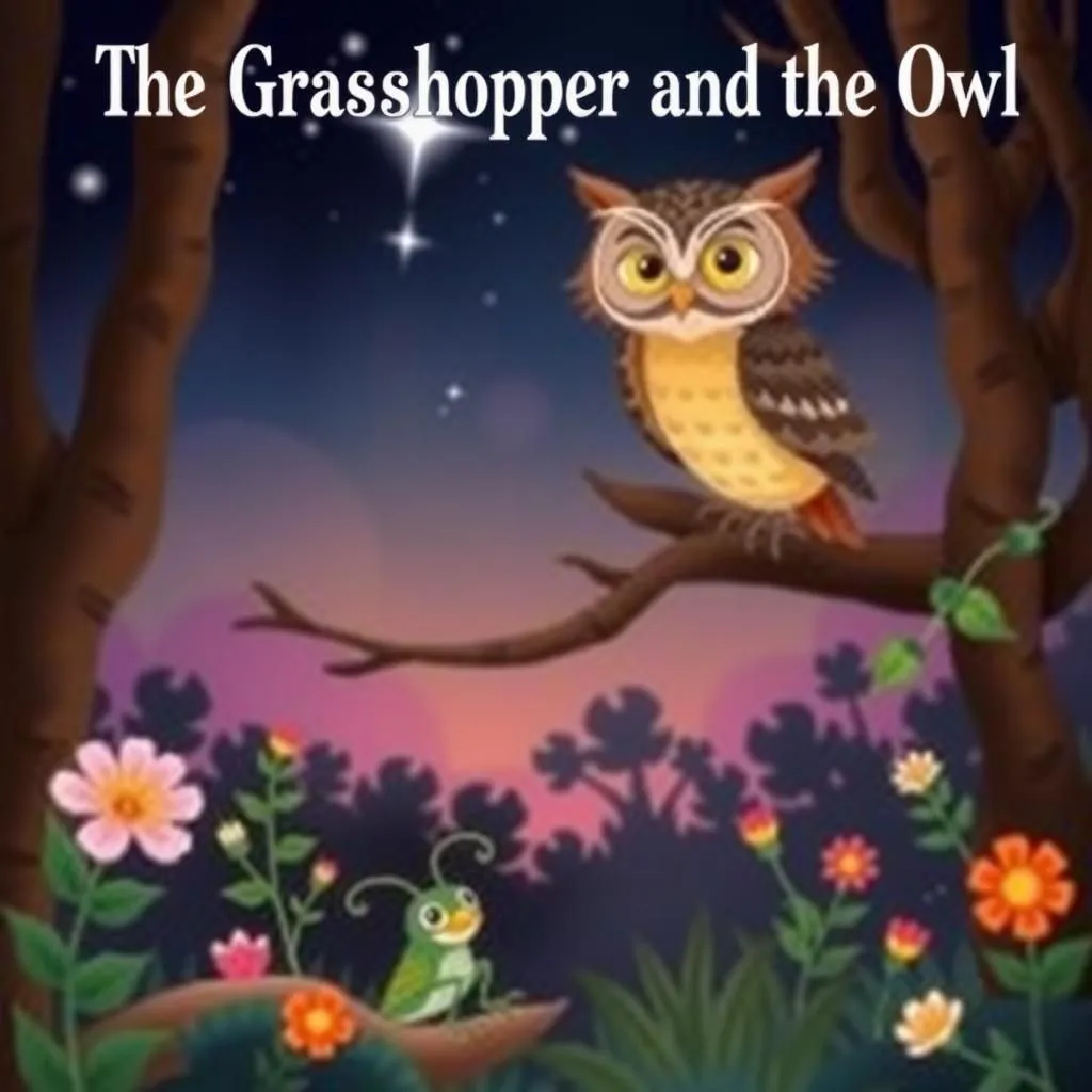 The Grasshopper and the Owl - Aesop's Fable illustration featuring Owl and  Grasshopper