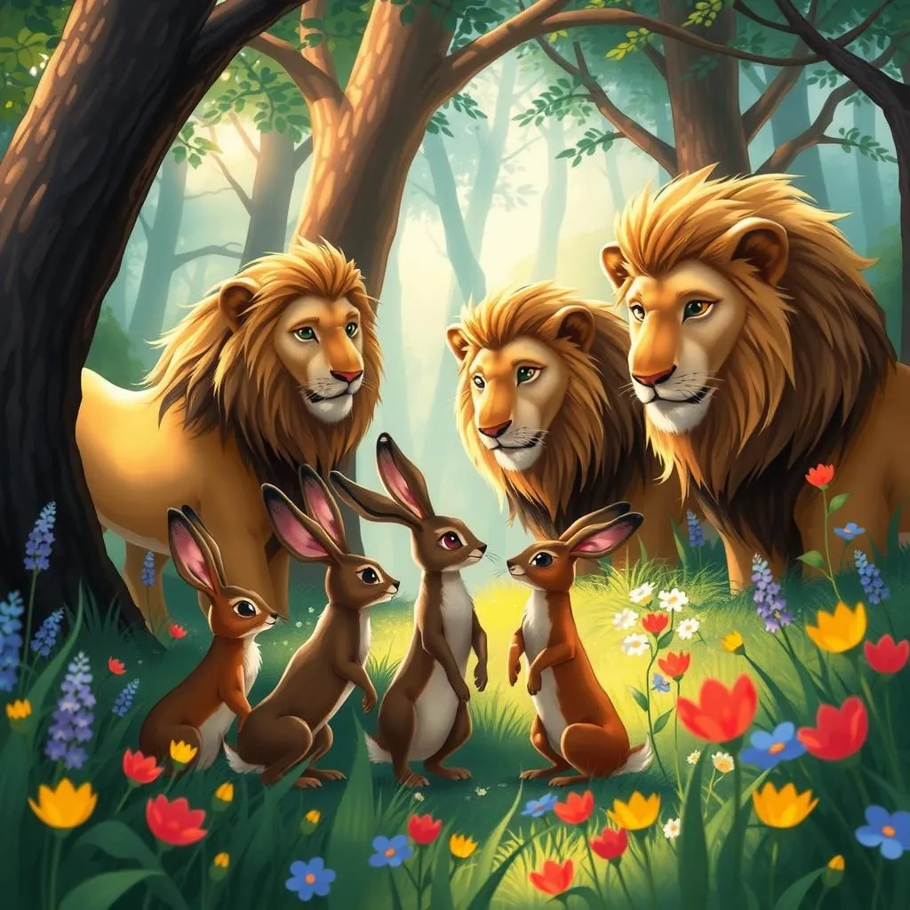 Ang mga Liyebre at ang mga Leon. - Aesop's Fable illustration featuring Mga Kuneho and  Mga Leon