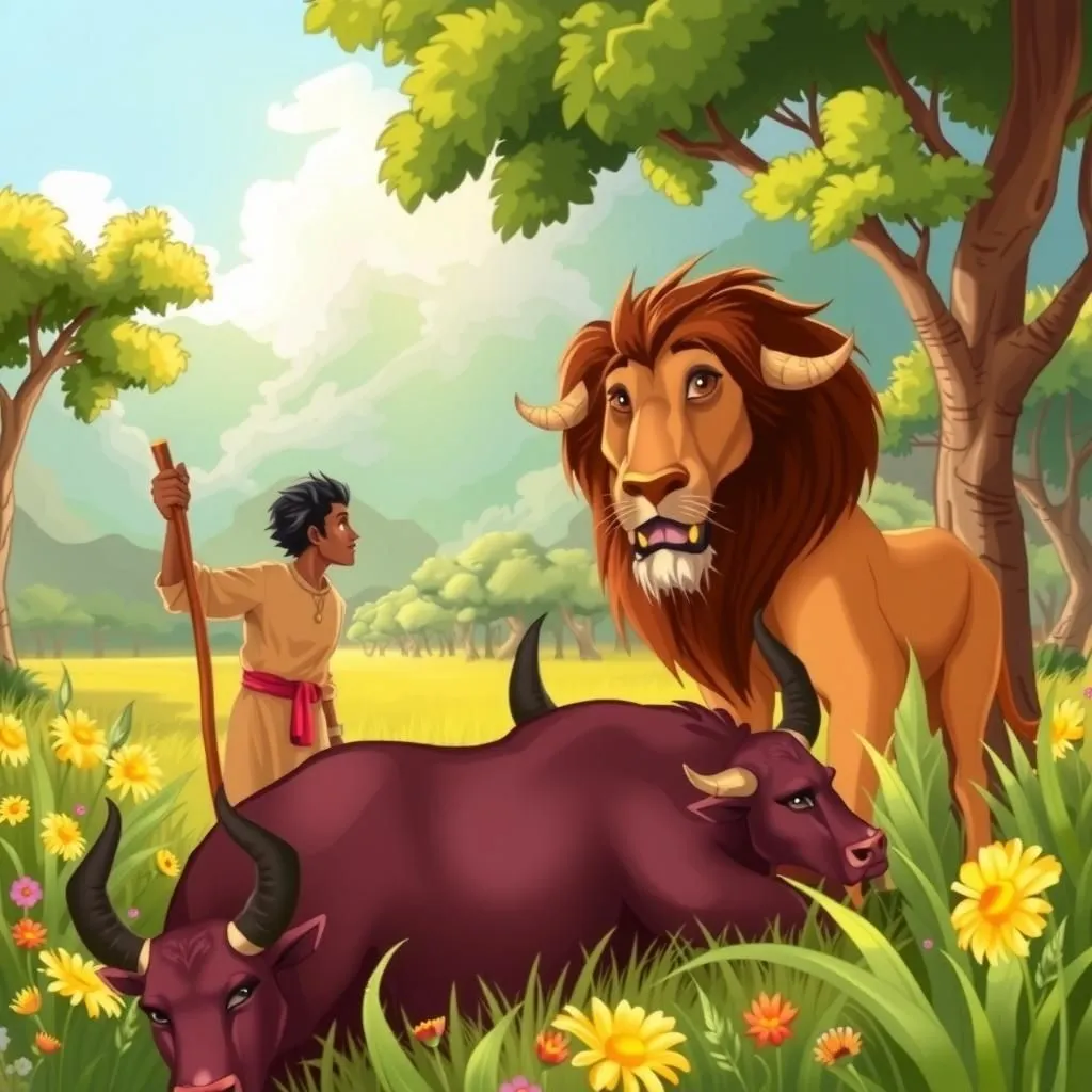 గొల్లవాడు మరియు పోయిన ఆవు - Aesop's Fable illustration featuring గొర్రెల కాపరి and  దూడ