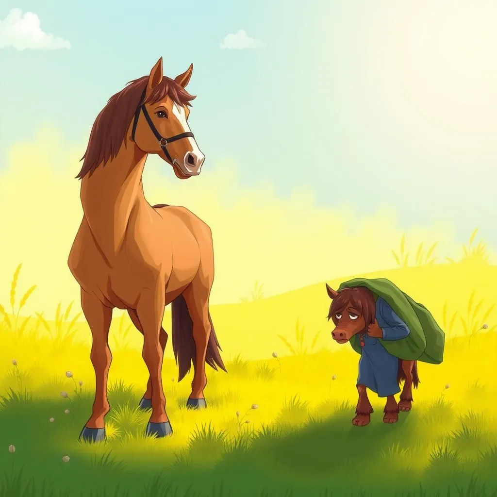 Il Cavallo e l'Asino. - Aesop's Fable illustration featuring Asino and  Cavallo