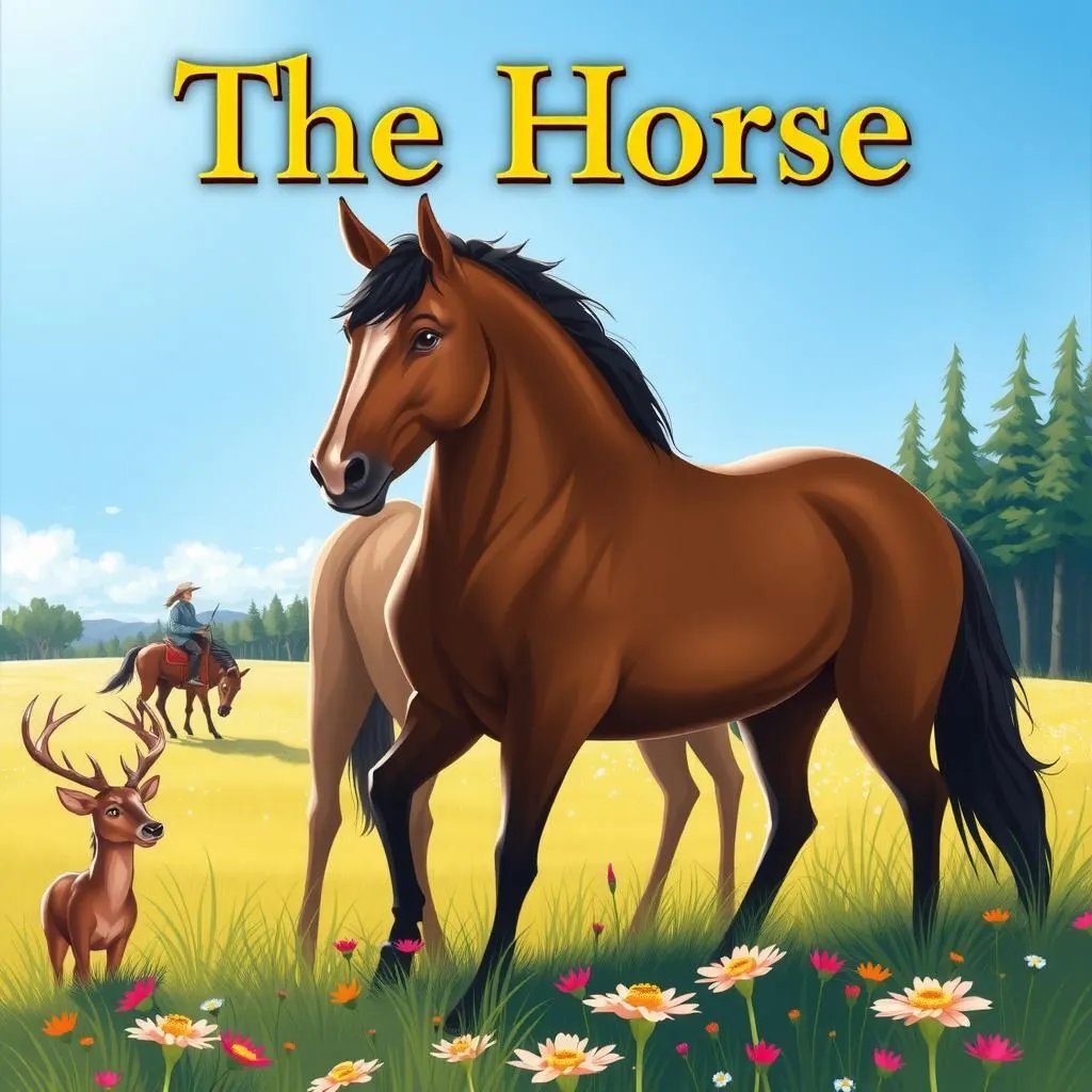 الحصان والغزال. - Aesop's Fable illustration featuring حصان، أيل، رجل