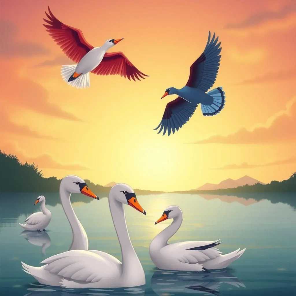 Ang mga Saranggola at mga Gansa. - Aesop's Fable illustration featuring Saranggola and Mga Gansa