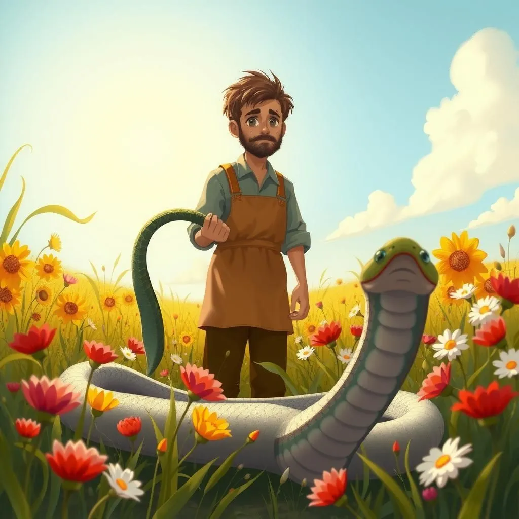 Il Lavoratore e il Serpente. - Aesop's Fable illustration featuring Cottager and  Figlio Neonato