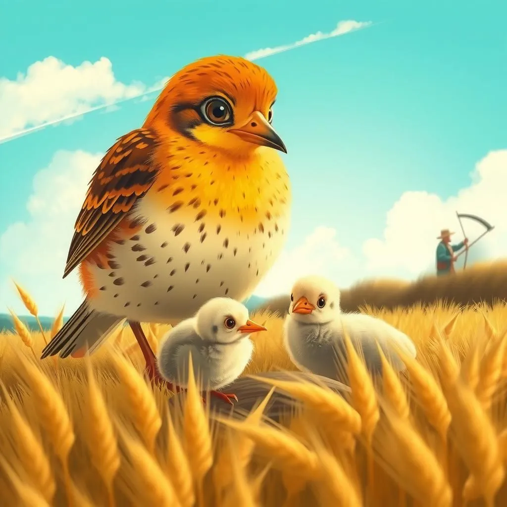 L'Allodola e i Suoi Piccoli. - Aesop's Fable illustration featuring Allodola and  giovani Allodole