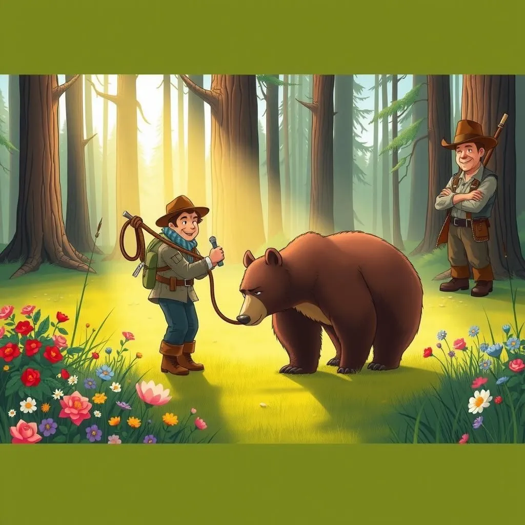 Ang Nakataling Oso. - Aesop's Fable illustration featuring Mangangaso and  Oso