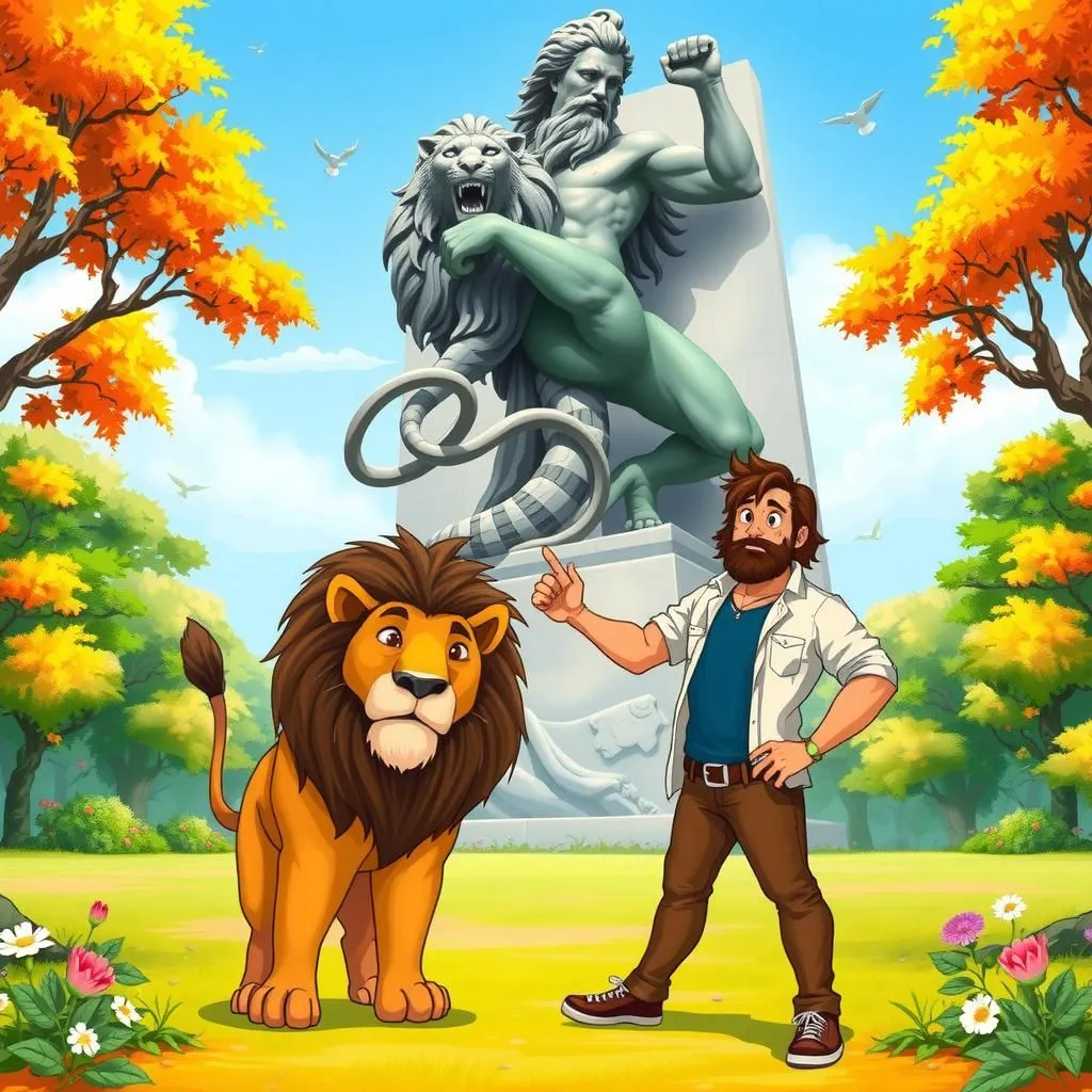 The Lion and the Statue - Aesop's Fable illustration featuring Man and  Lion