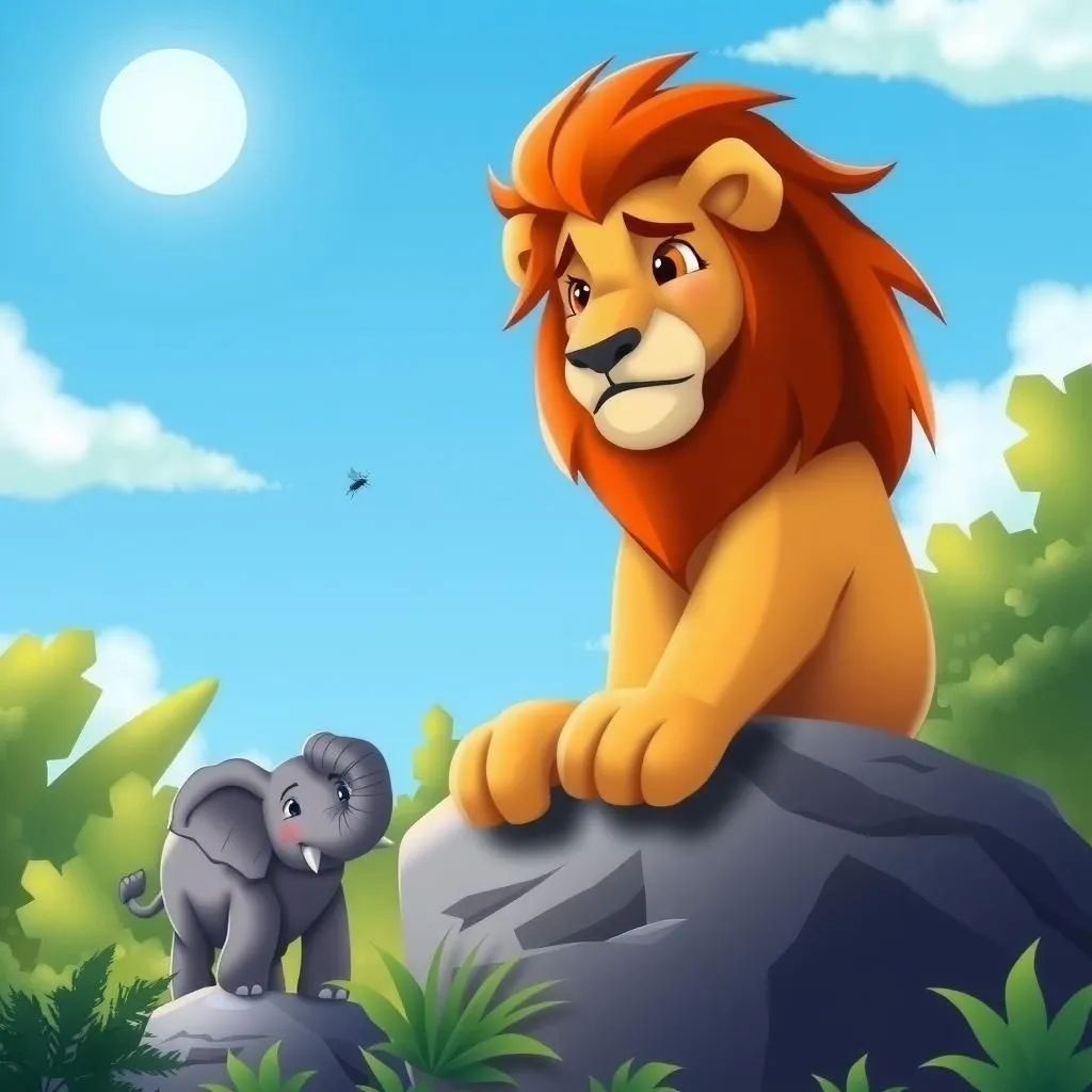 Il Leone Giove e l'Elefante - Aesop's Fable illustration featuring Leone and  Giove