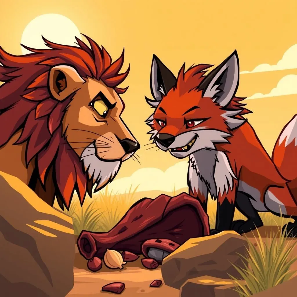 Il leone, la volpe e l'asino. - Aesop's Fable illustration featuring Leone and  Volpe