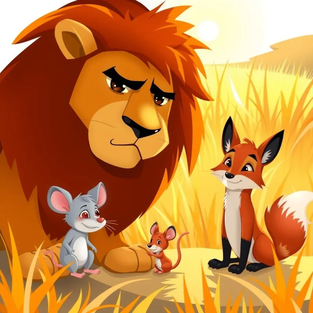 Il leone, il topo e la volpe. - Aesop's Fable illustration featuring Leone and  Topo