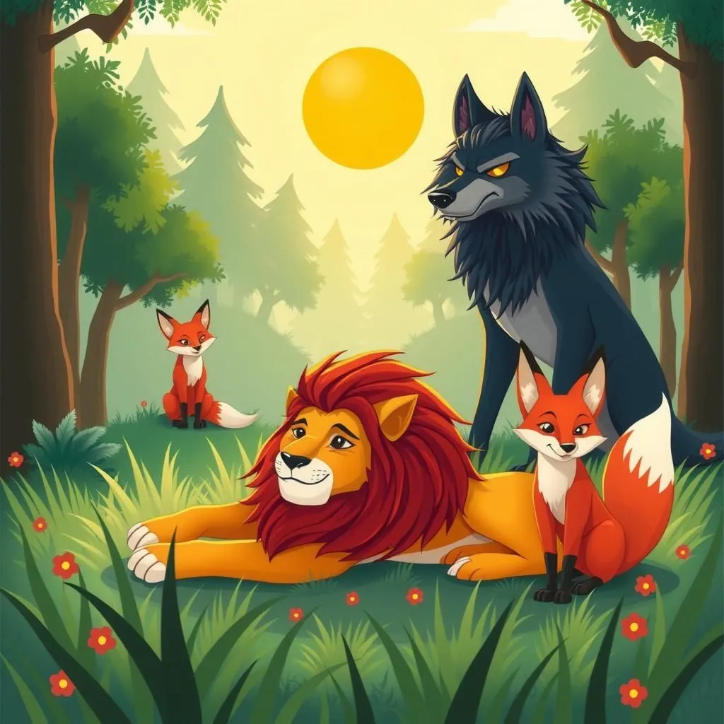 Ang Leon, ang Lobo, at ang Soro. - Aesop's Fable illustration featuring Leon and  Lobo