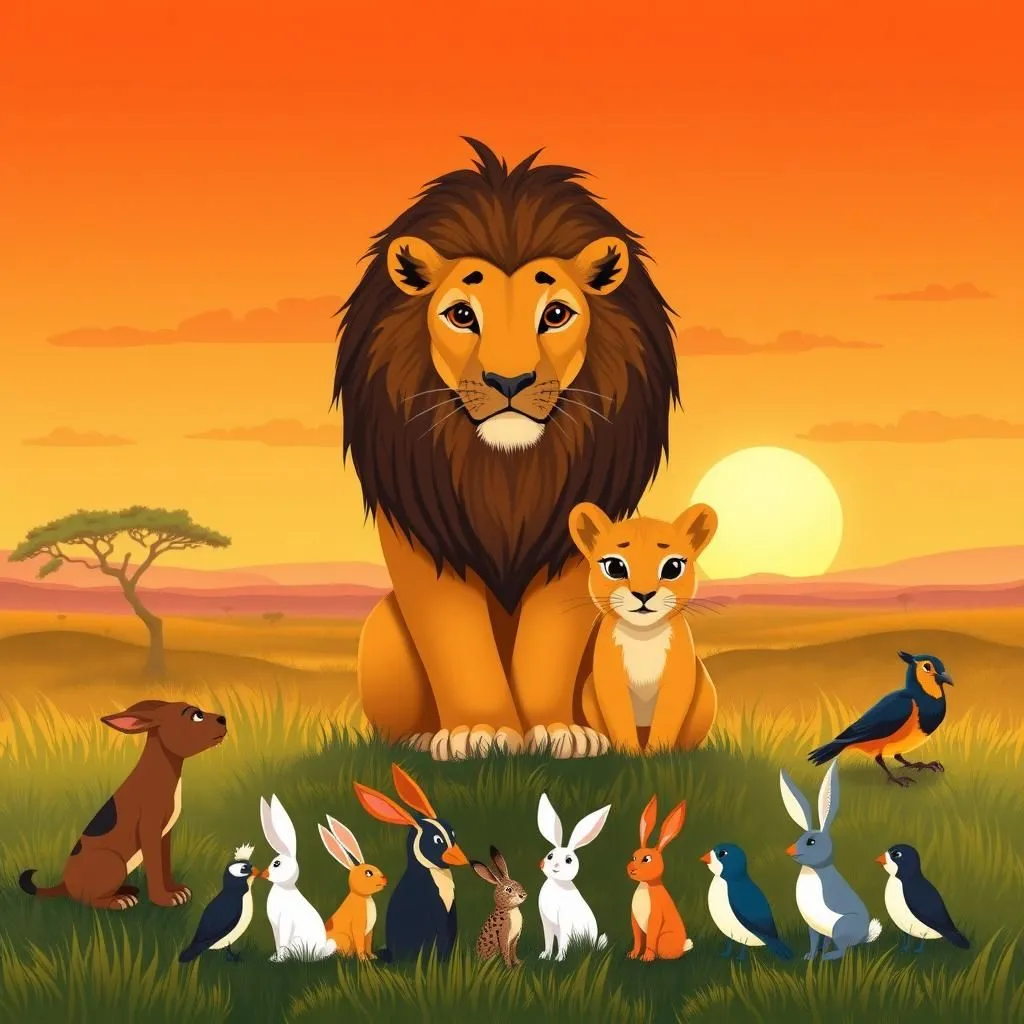 సింహి - Aesop's Fable illustration about నాణ్యత విలువను పరిమాణం కంటే ఎక్కువగా చూసుకోవడం, తన సంతానం పట్ల గర్వం, నాయకత్వంలో జ్ఞానం.