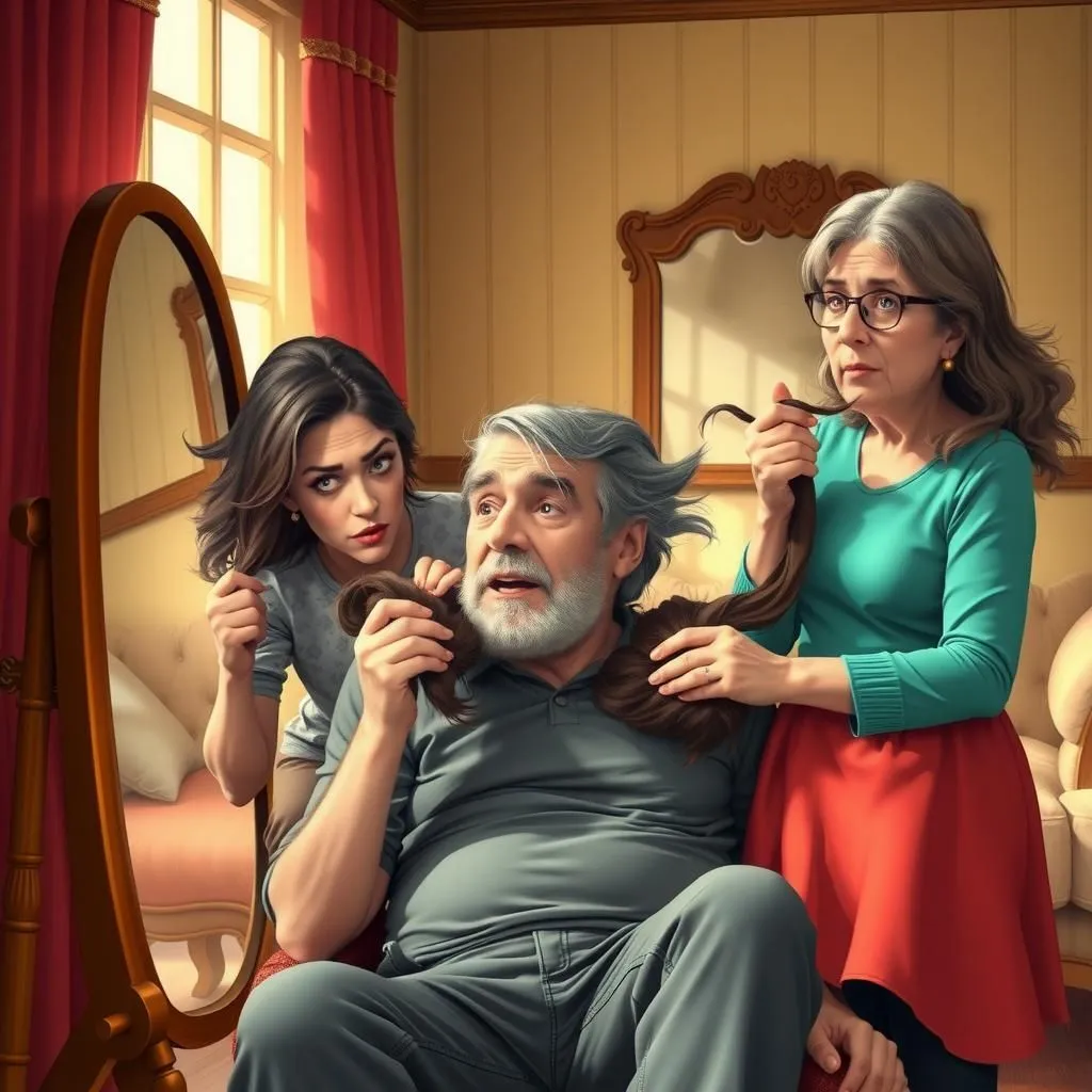 The Man and His Two Sweethearts - Aesop's Fable illustration featuring Middle-aged man and  young woman