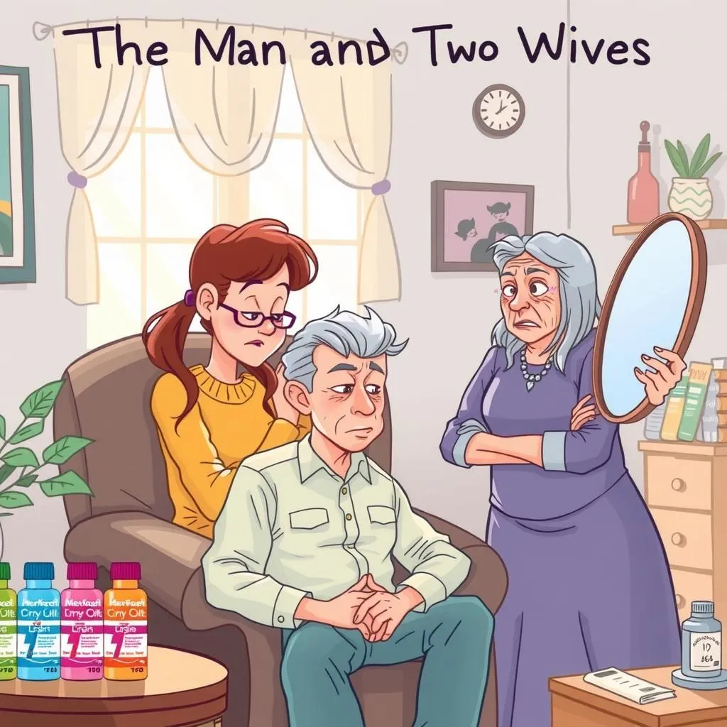 The Man and His Two Wives - Aesop's Fable illustration featuring Man and  young Wife