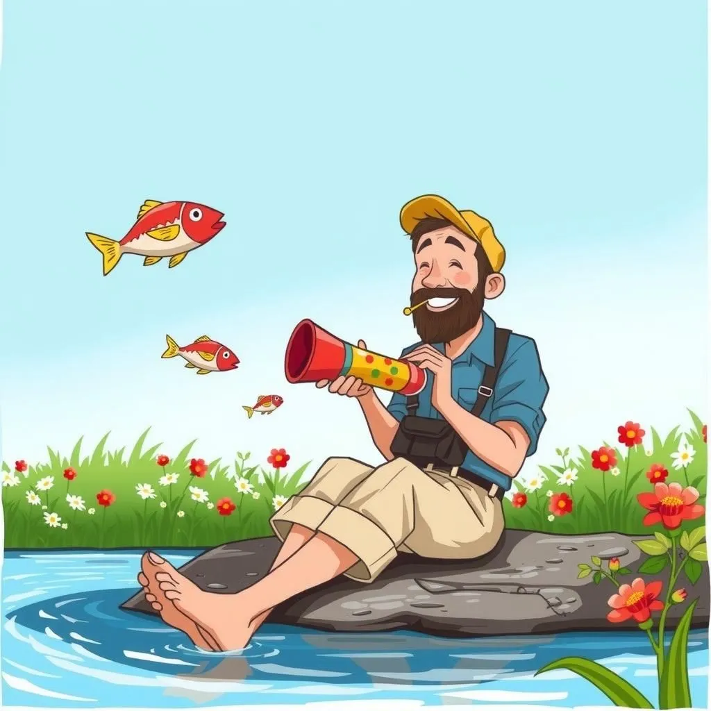 Ang Lalaki at ang Tambuli ng Isda - Aesop's Fable illustration featuring Tapat na Tao and  kaibigan