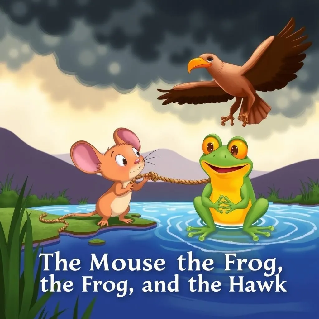 Il Topo, la Rana e il Falco. - Aesop's Fable illustration featuring Topo and  Rana