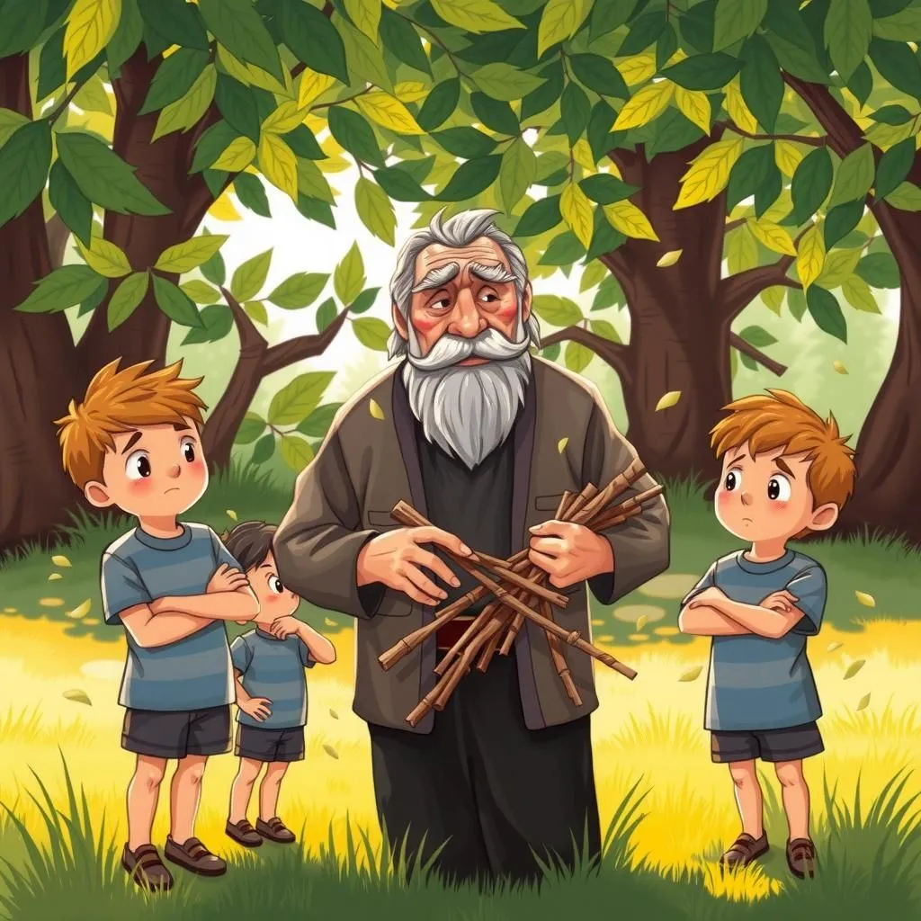 The Old Man and his Sons - Aesop's Fable illustration featuring Old Man and  Sons