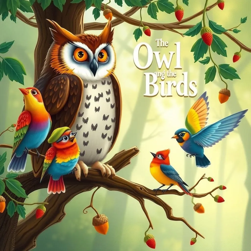 The Owl and the Birds - Aesop's Fable illustration featuring Owl and  Birds