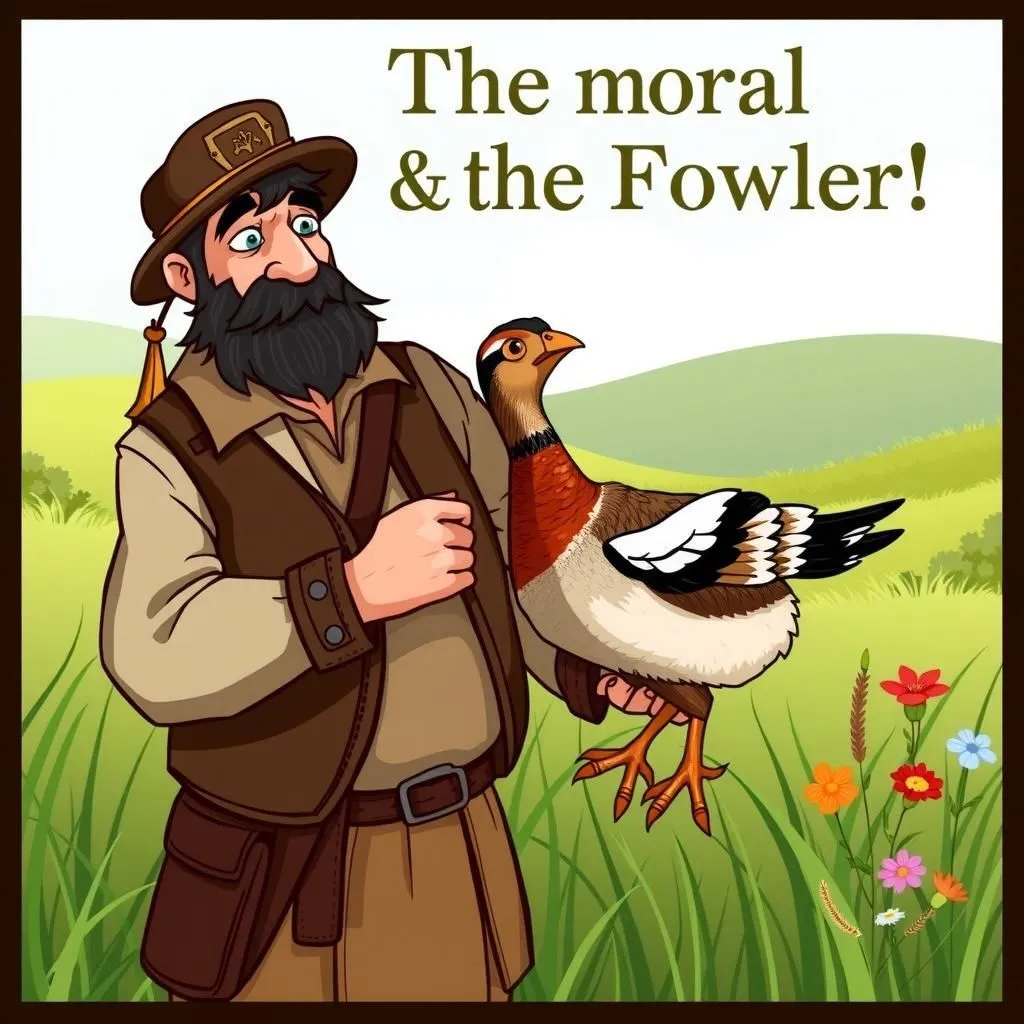 The Partridge and the Fowler - Aesop's Fable illustration featuring Fowler and  Partridge