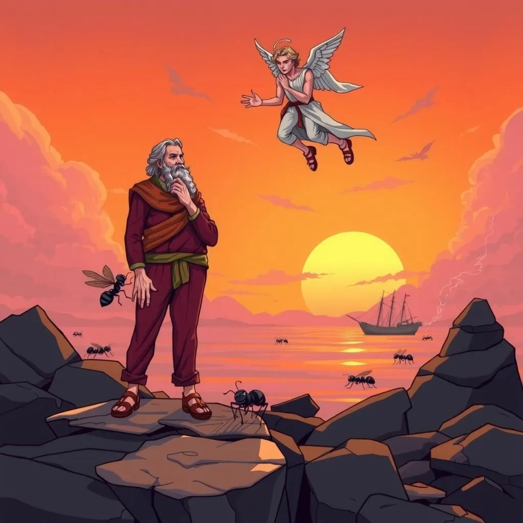 Il Filosofo, le Formiche e Mercurio - Aesop's Fable illustration featuring Filosofo and  Formiche