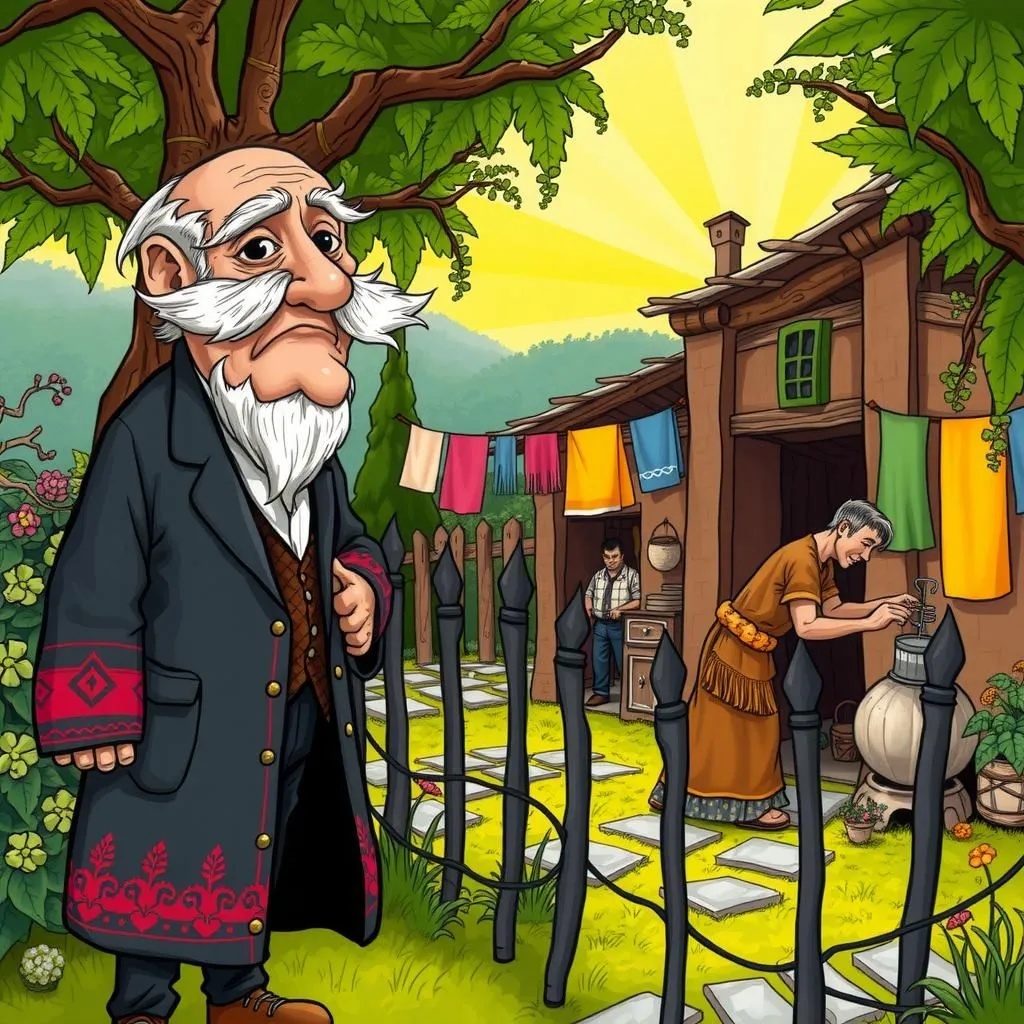 బాగా సంపాదించిన వ్యక్తి మరియు చర్మపు కార్మికుడు. - Aesop's Fable illustration featuring బాగా డబ్బు ఉన్న వ్యక్తి and  చర్మపు వ్యాపారస్తుడు