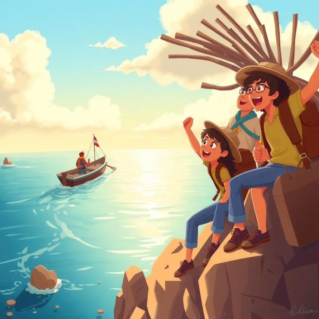 المسافرون على شاطئ البحر. - Aesop's Fable illustration about التوقع مقابل الواقع، طبيعة الإدراك، خيبة الأمل.