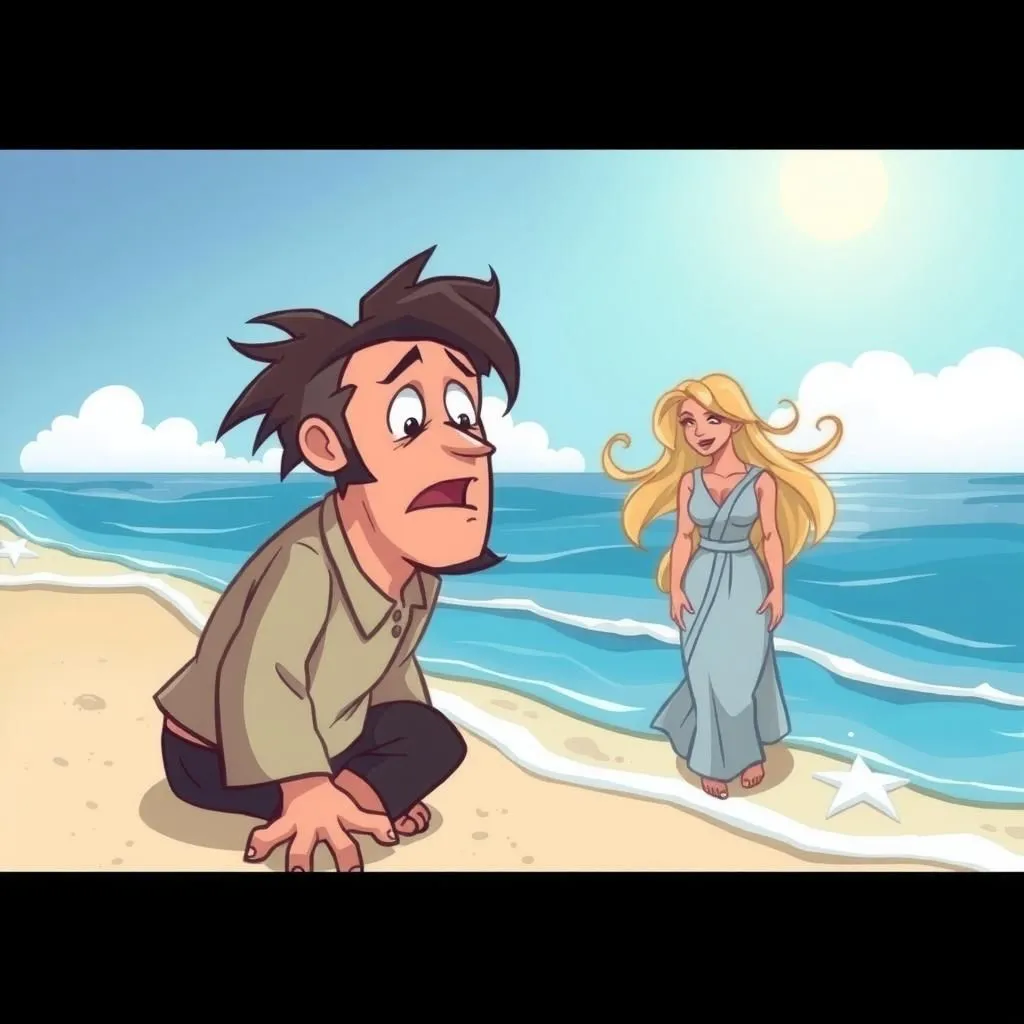 The Shipwrecked Man and the Sea - Aesop's Fable illustration featuring Shipwrecked Man and  Sea (in the form of a woman)