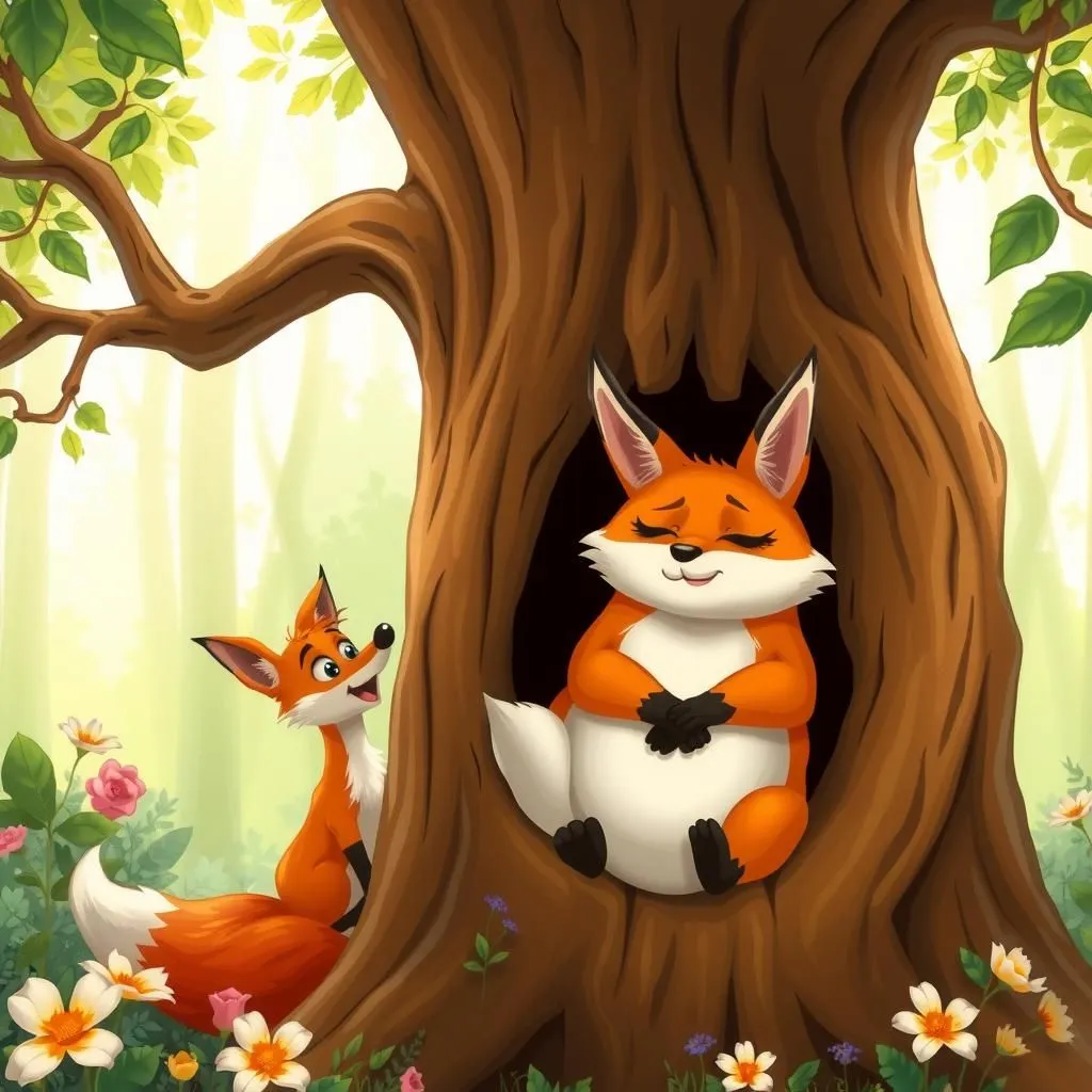 The Swollen Fox - Aesop's Fable illustration featuring Fox and  shepherds