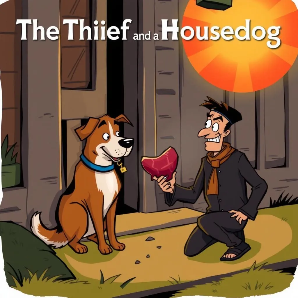 The Thief and the Housedog - Aesop's Fable illustration featuring Thief and  Housedog