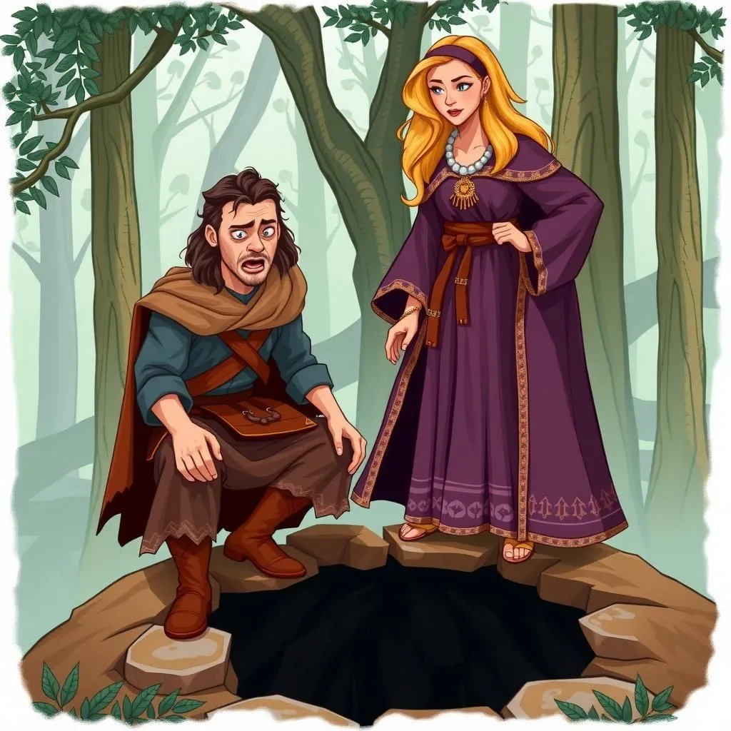 Ang Manlalakbay at Kapalaran. - Aesop's Fable illustration featuring Ang Manlalakbay and Si Ginang Kapalaran.