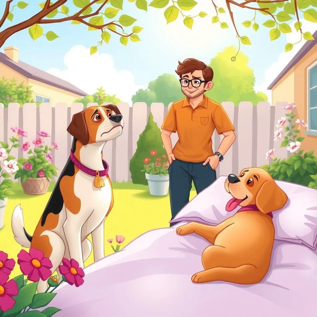 I Due Cani - Aesop's Fable illustration featuring Uomo and  Segugio