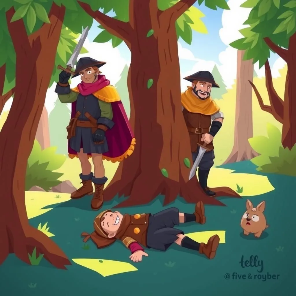 Ang Dalawang Sundalo at ang Tulisan. - Aesop's Fable illustration featuring Dalawang Sundalo and  Magnanakaw