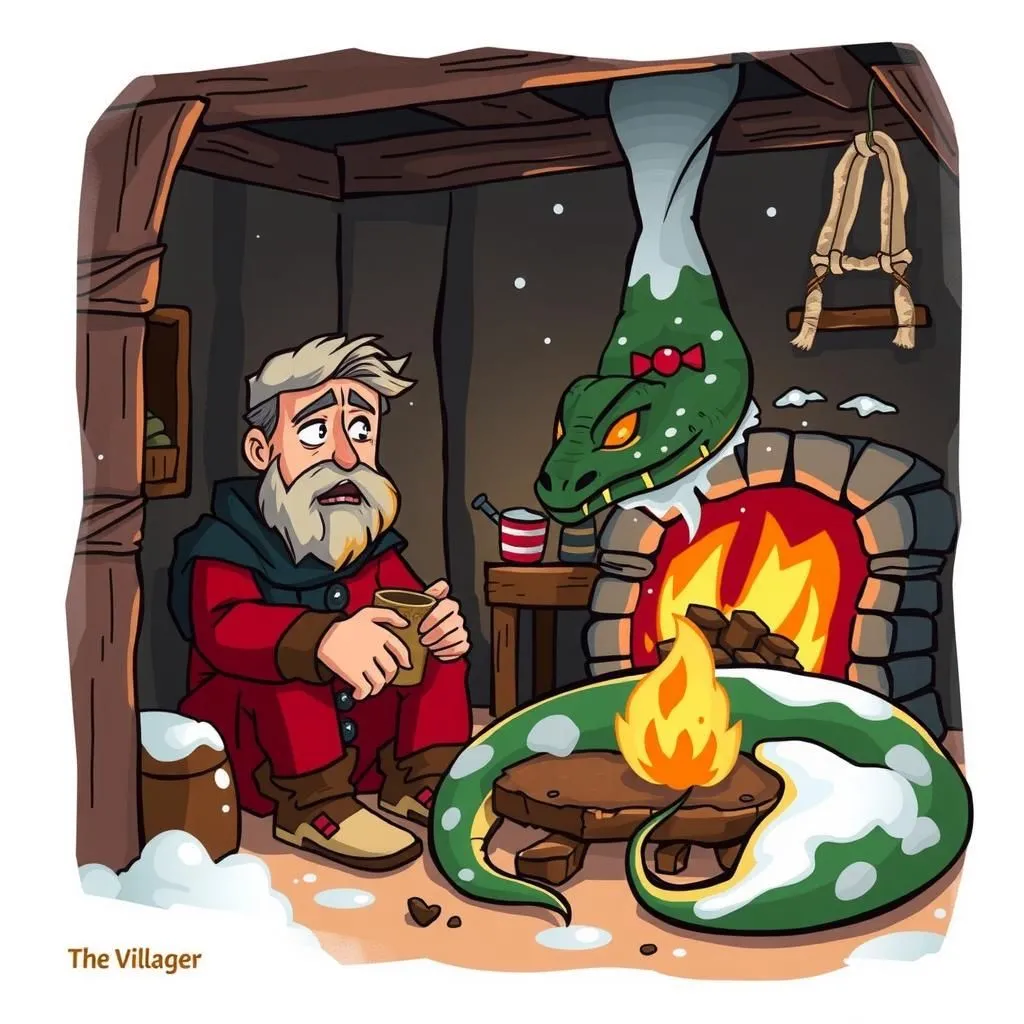 Il Villico e il Serpente. - Aesop's Fable illustration featuring Villico and  Serpente