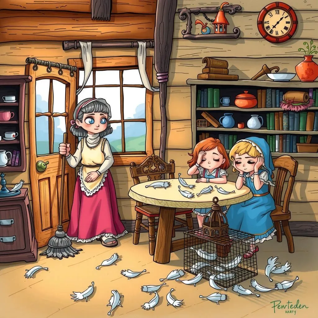 Ang Balo at ang Kanyang Mga Munting Dalaga. - Aesop's Fable illustration featuring Biyuda and maliliit na dalaga