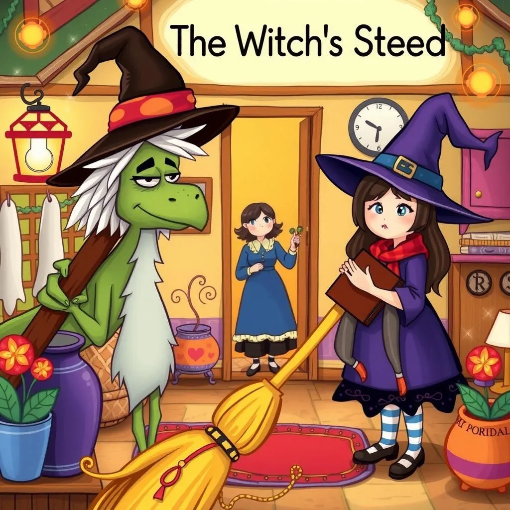 The Witch's Steed - Aesop's Fable illustration featuring Broomstick and  Witch