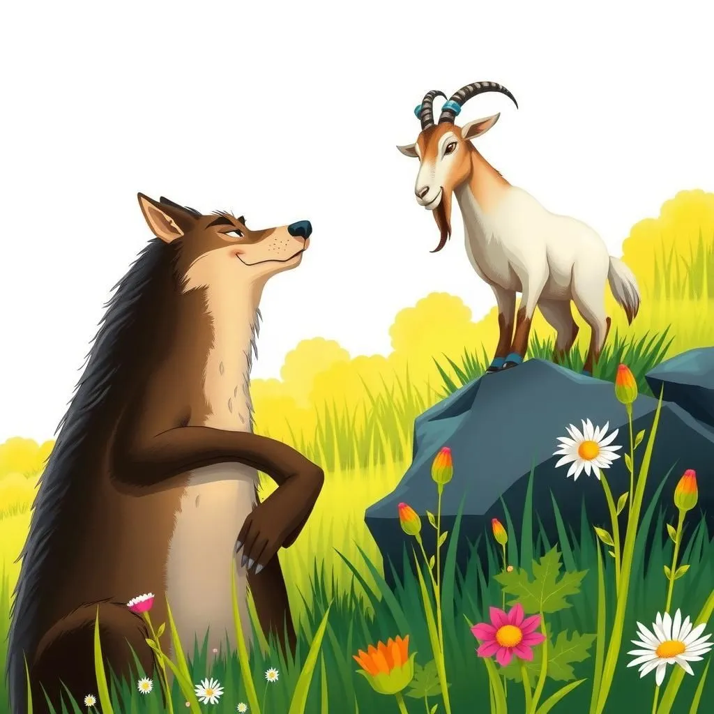 Il lupo e la capra che pascola. - Aesop's Fable illustration featuring Lupo and  Capra