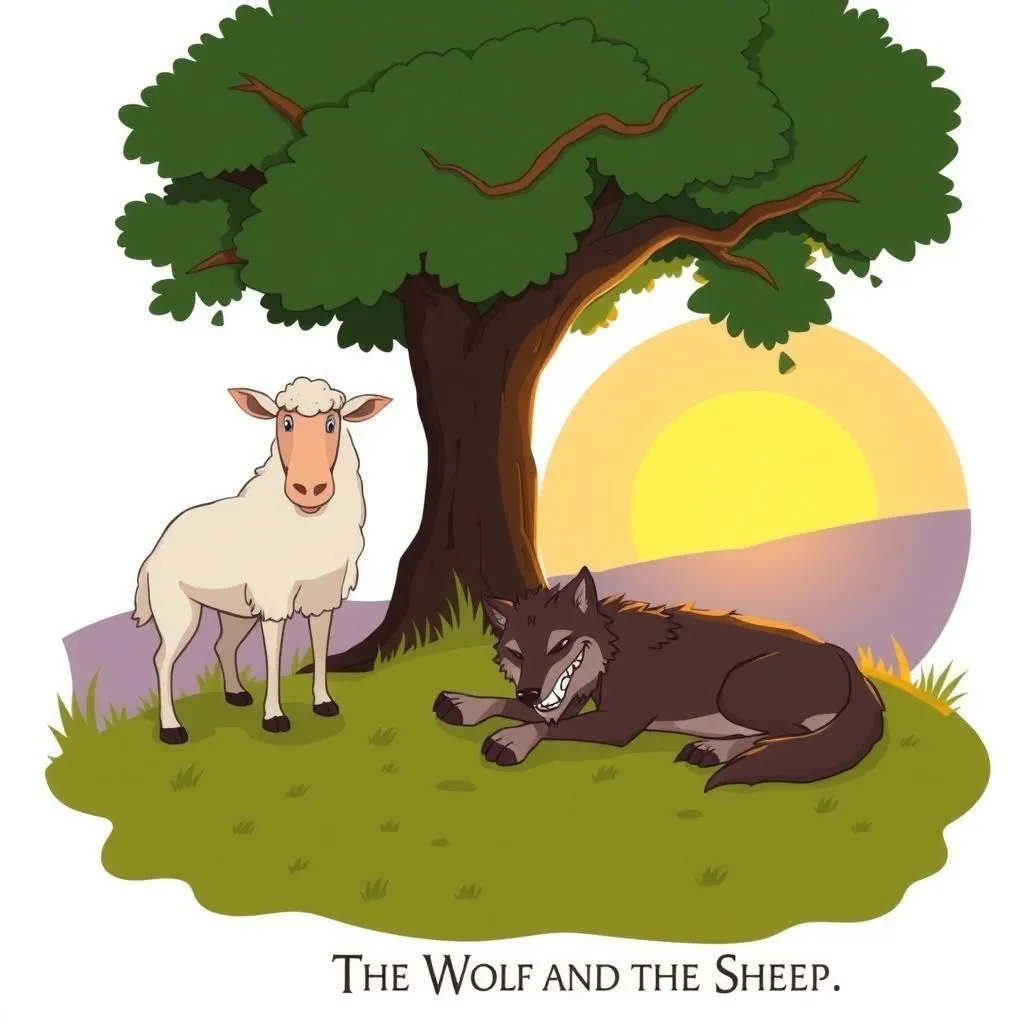 The Wolf and the Sheep - Aesop's Fable illustration featuring Wolf and  Sheep