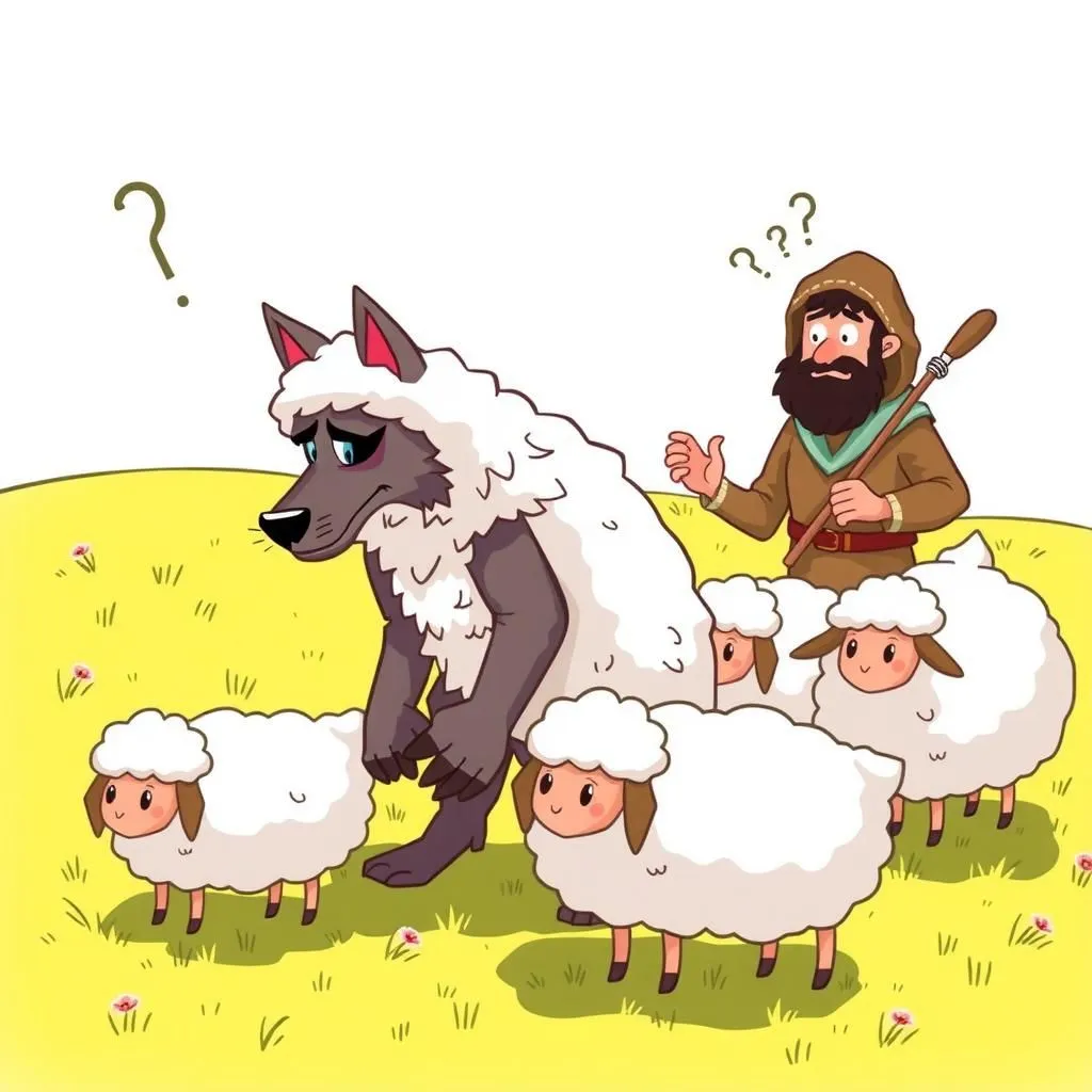 గొర్రెల బట్టలో ఉన్న తోడేలు - Aesop's Fable illustration featuring తోడేలు and  గొర్రెల కాపరి