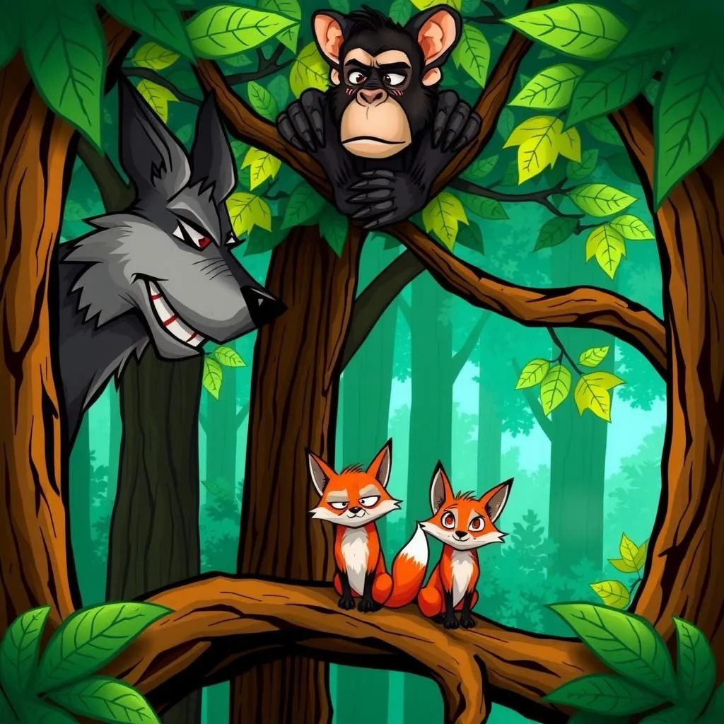 Ang Lobo, ang Soro, at ang Unggoy. - Aesop's Fable illustration featuring Lobo and  Soro