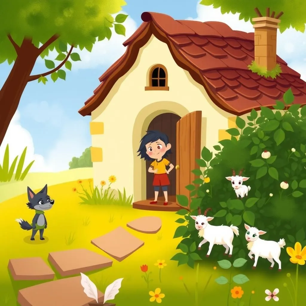 The Wolf, the Nanny-Goat, and The Kid - Aesop's Fable illustration featuring Nanny-goat and  Kid