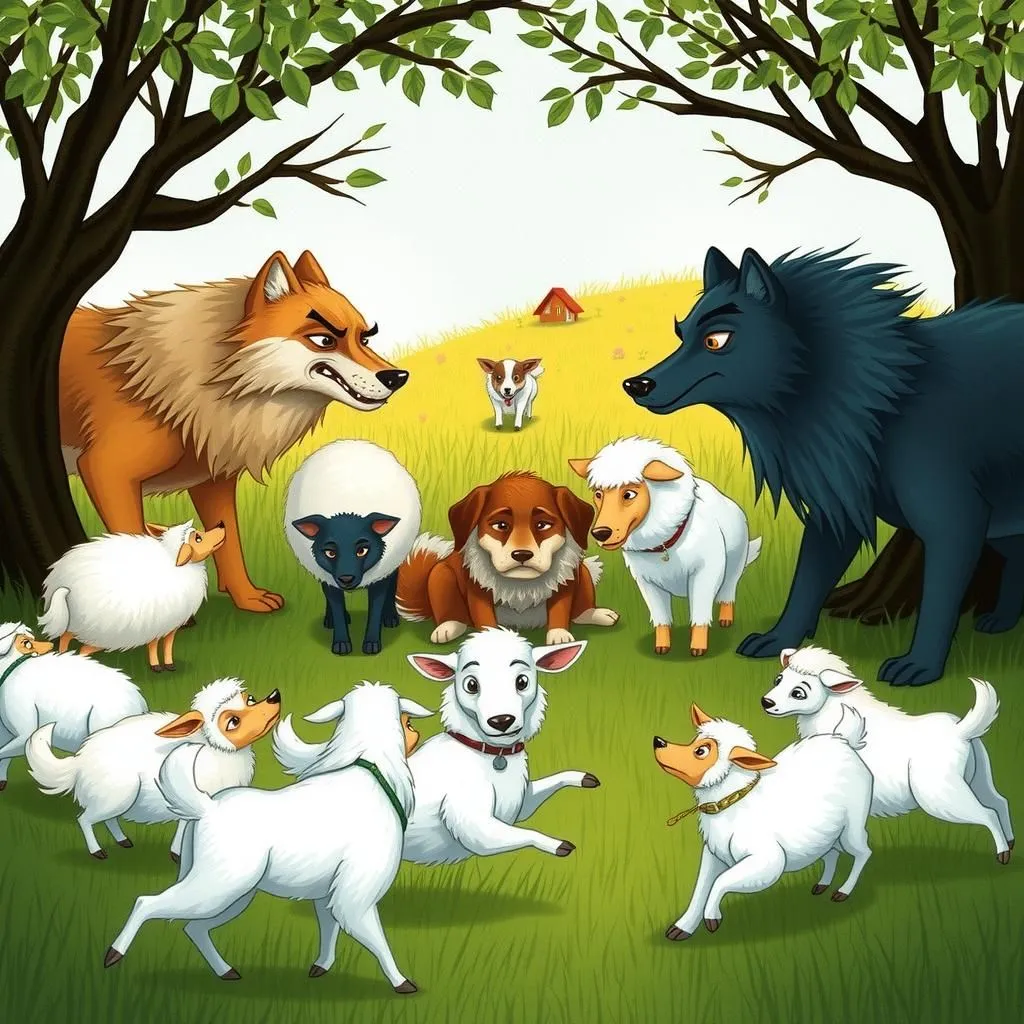 The Wolves and the Dogs - Aesop's Fable illustration featuring Wolves and  Sheep