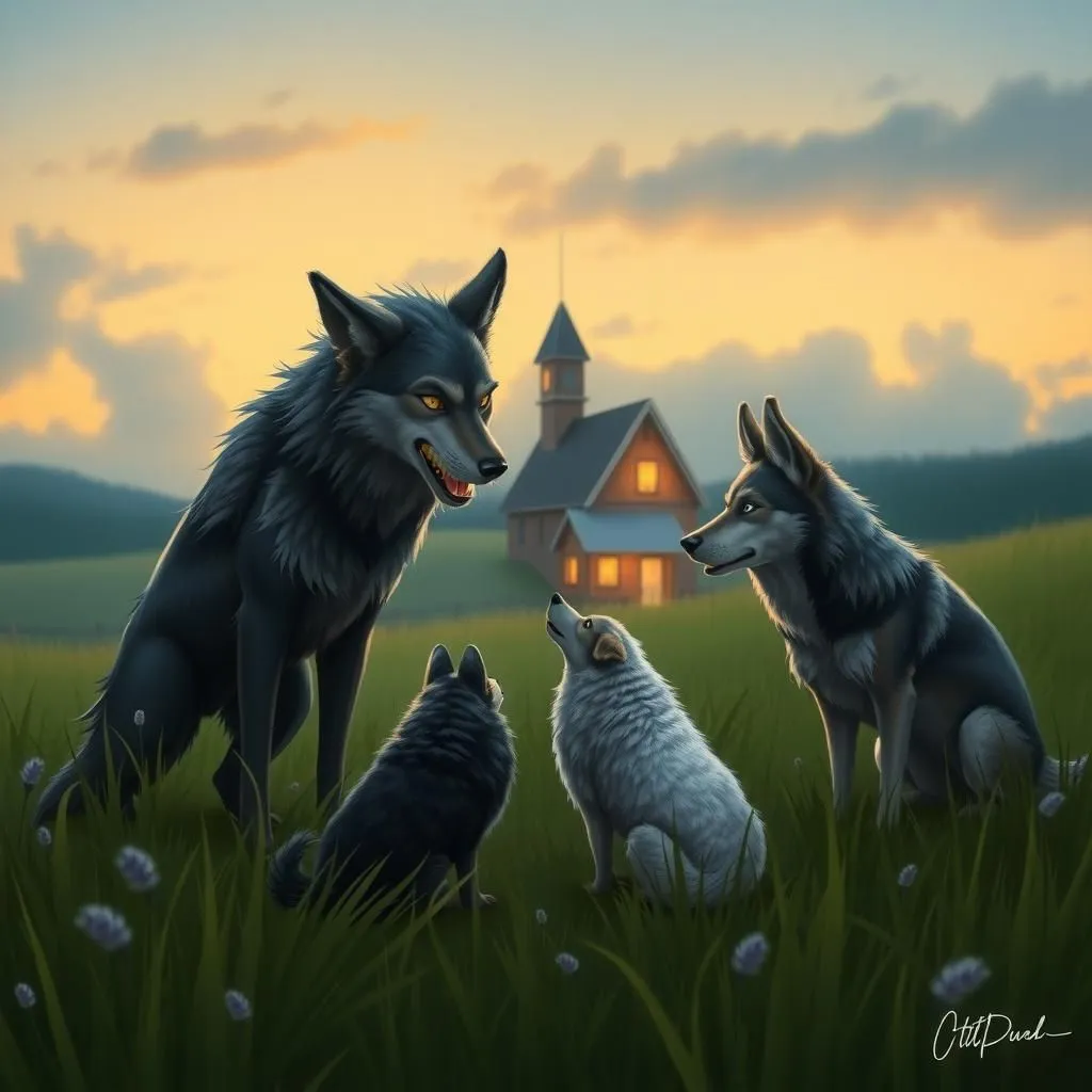 Ang mga Lobo at ang mga Tupa na Aso - Aesop's Fable illustration featuring Mga Lobo and  Mga Asong Pastol